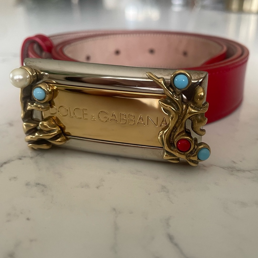 Dolce&Gabbana red leather belt with two tone buckle, stones, 32/80